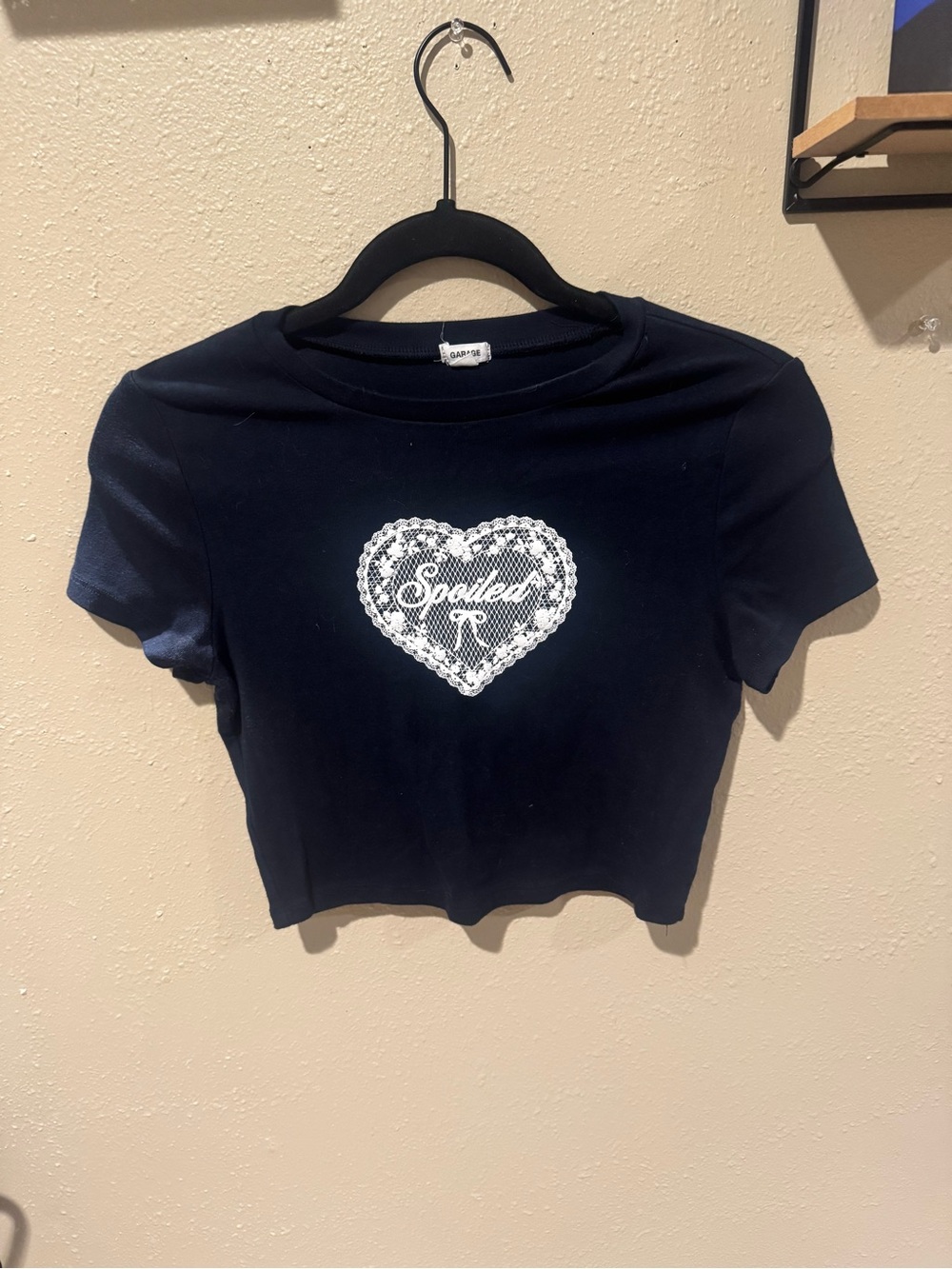 Garage Navy Cropped Tee with White Lace Heart